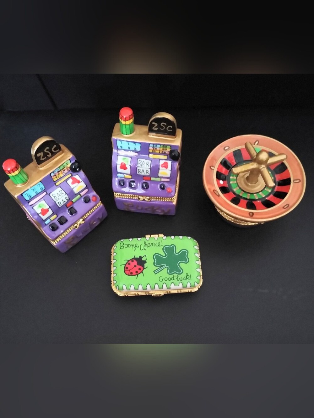 3 CASINO SLOTS / ROULETTE WHEEL PORCELAIN HINGED TRINKET BOXES